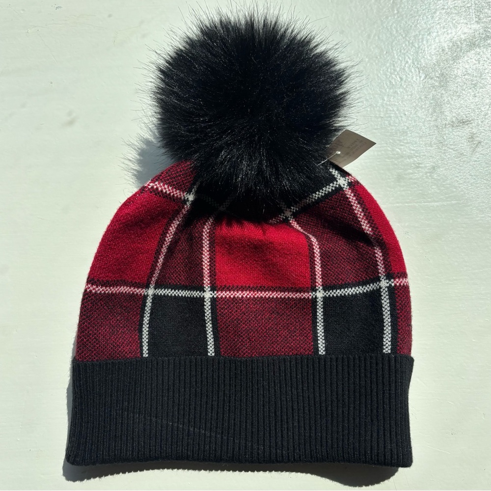Rachel Zoe Red Black Plaid Faux Fur Pom Beanie Hat